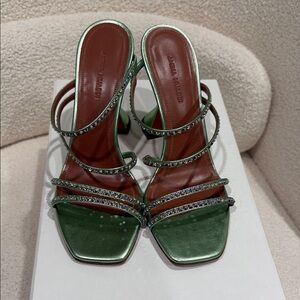 Amina Muaddi Shimmering Green Strappy Heels